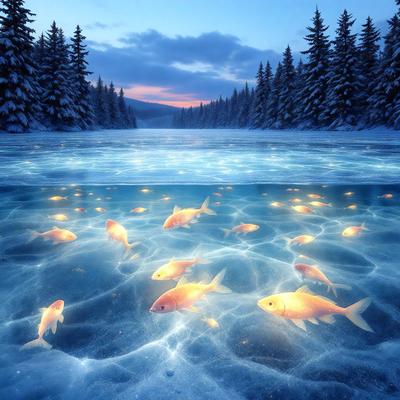 The primary subject of the image is a group of fish swimming in a body of water, possibly a lake or a pond. The fish are illuminated by a light source, creating a captivating and serene atmosphere. The setting is a snowy environment, with trees in the background, adding a sense of tranquility to the scene. The visual style of the image is a combination of photo and digital art, creating a realistic yet artistic representation of the fish and their surroundings. The colors and mood